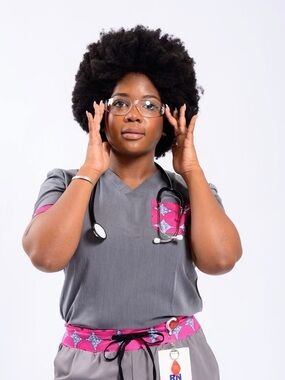 Gray V-Neck Scrub Top with Pink Patterned Pocket and Sleeve Accents